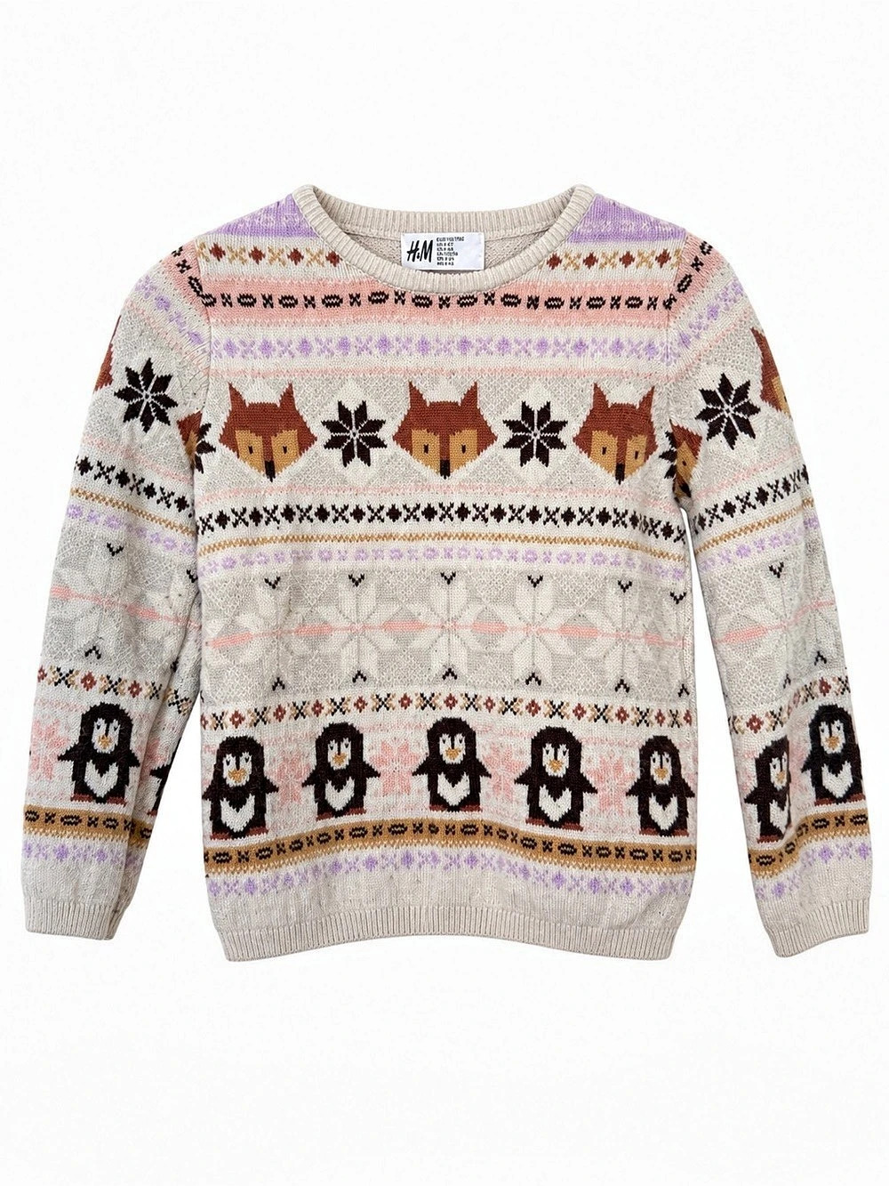 H&M Girls Fox Penguin Fair Isle Knit Sweater Cream Size 2–4T